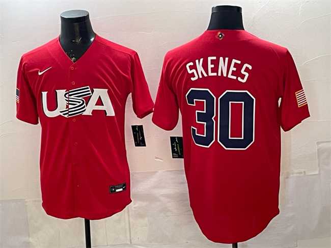 Men%27s USA #30 Paul Skenes Red World Baseball Classic Stitched Jersey
