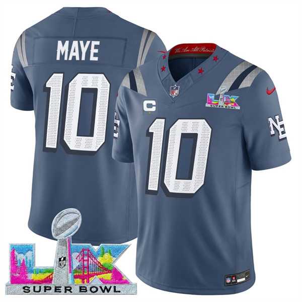 Men%27s New England Patriots #10 Drake Maye Storm Blue 2025 F.U.S.E. Super Bowl LX Patch And 1-Star C Patch %27Rivalries%27 Vapor Limited Stitched Jersey