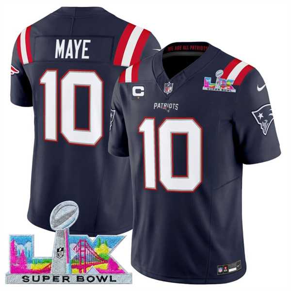 Men%27s New England Patriots #10 Drake Maye Navy 2025 F.U.S.E. Super Bowl LX Patch And 1-Star C Patch Vapor Limited Stitched Jersey