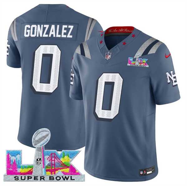 Men%27s New England Patriots #0 Christian Gonzalez Storm Blue 2025 F.U.S.E. Super Bowl LX Patch %27Rivalries%27 Vapor Limited Stitched Jersey