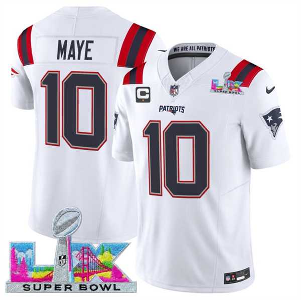 Men%27s New England Patriots #10 Drake Maye White 2025 F.U.S.E. Super Bowl LX Patch And 1-Star C Patch Vapor Limited Stitched Jersey