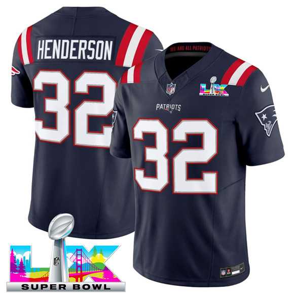 Men%27s New England Patriots #32 TreVeyon Henderson Navy 2025 F.U.S.E. Super Bowl LX Patch Limited Stitched Jersey
