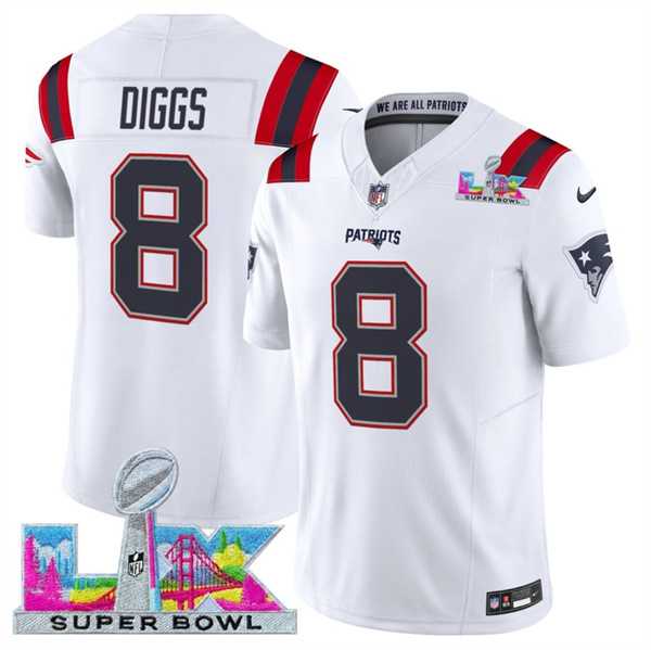 Men%27s New England Patriots #8 Stefon Diggs White 2025 F.U.S.E. Super Bowl LX Patch Vapor Limited Stitched Jersey