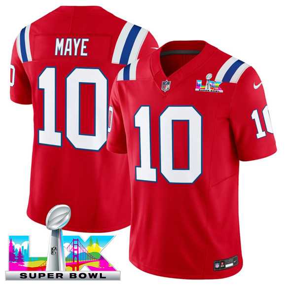 Men%27s New England Patriots #10 Drake Maye Red 2025 F.U.S.E. Super Bowl LX Patch Vapor Limited Stitched Jersey