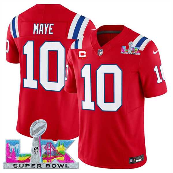 Men%27s New England Patriots #10 Drake Maye Red 2025 F.U.S.E. Super Bowl LX Patch And 1-Star C Patch Vapor Limited Stitched Jersey