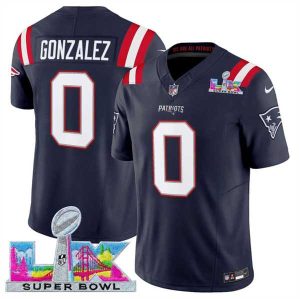 Men%27s New England Patriots #0 Christian Gonzalez Navy 2025 F.U.S.E. Super Bowl LX Patch Vapor Limited Stitched Jersey