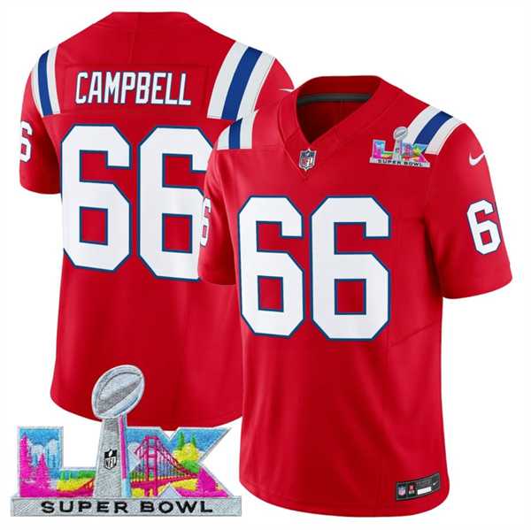 Men%27s New England Patriots #66 Will Campbell Red 2025 F.U.S.E. Super Bowl LX Patch Vapor Limited Stitched Jersey
