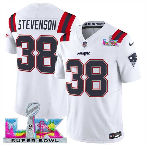 Men%27s New England Patriots #38 Rhamondre Stevenson White 2025 F.U.S.E. Super Bowl LX Patch Vapor Limited Stitched Jersey