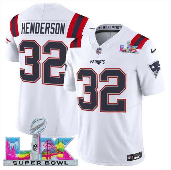 Men%27s New England Patriots #32 TreVeyon Henderson White 2025 F.U.S.E. Super Bowl LX Patch Vapor Limited Stitched Jersey