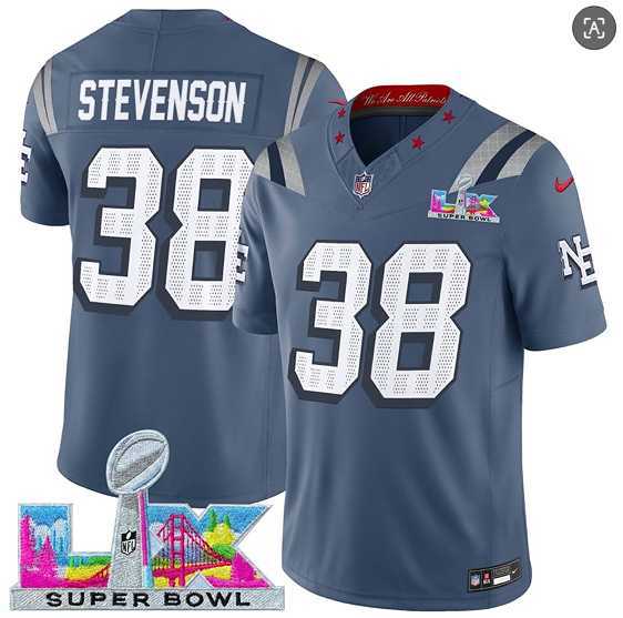 Men%27s New England Patriots #38 Rhamondre Stevenson Storm Blue 2025 F.U.S.E. Super Bowl LX Patch %27Rivalries%27 Vapor Limited Stitched Jersey