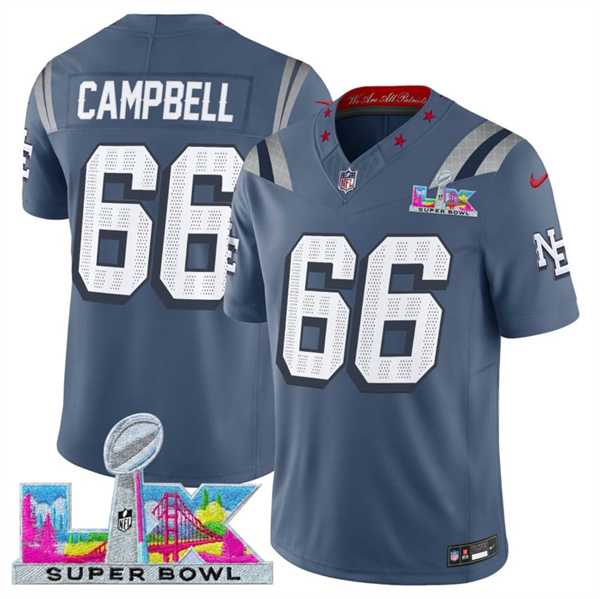 Men%27s New England Patriots #66 Will Campbell Storm Blue 2025 F.U.S.E. Super Bowl LX Patch %27Rivalries%27 Vapor Limited Stitched Jersey
