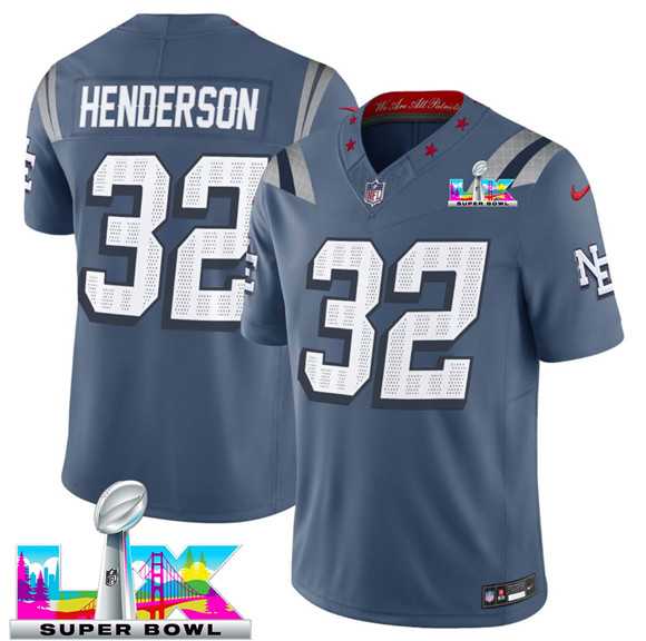 Men%27s New England Patriots #32 TreVeyon Henderson Storm Blue 2025 F.U.S.E. Super Bowl LX Patch %27Rivalries%27 Vapor Limited Stitched Jersey