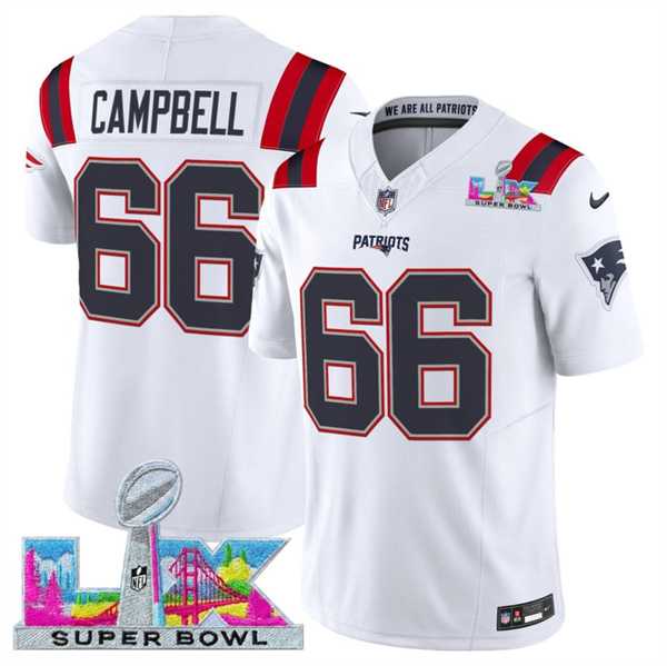Men%27s New England Patriots #66 Will Campbell White 2025 F.U.S.E. Super Bowl LX Patch Vapor Limited Stitched Jersey