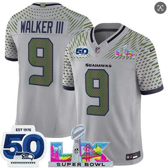 Men%27s Seattle Seahawks #9 Kenneth Walker III Gray 2025 F.U.S.E. Super Bowl LX Patch And 50th Season Patch %27Rivalries%27 Vapor Limited Stitched Jersey