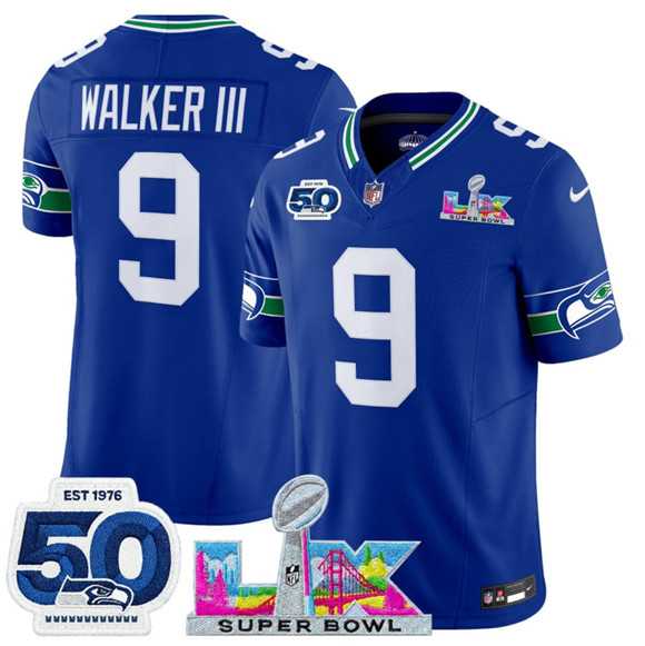 Men%27s Seattle Seahawks #9 Kenneth Walker III Royal 2025 F.U.S.E. Super Bowl LX Patch And 50th Season Patch Vapor Throwback Limited Stitched Jersey