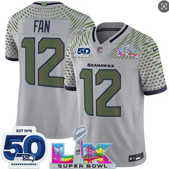 Men%27s Seattle Seahawks #12 Fan Gray 2025 F.U.S.E. Super Bowl LX Patch And 50th Season Patch %27Rivalries%27 Vapor Limited Stitched Jersey