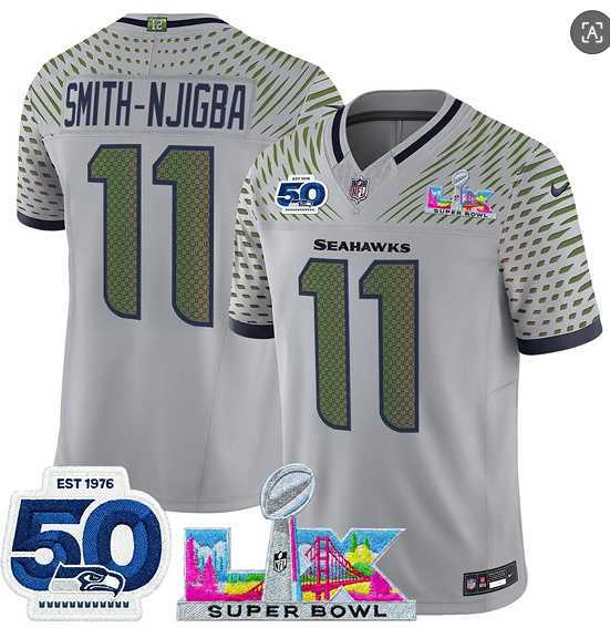 Men%27s Seattle Seahawks #11 Jaxon Smith-Njigba Gray 2025 F.U.S.E. Super Bowl LX Patch And 50th Season Patch %27Rivalries%27 Vapor Limited Stitched Jersey