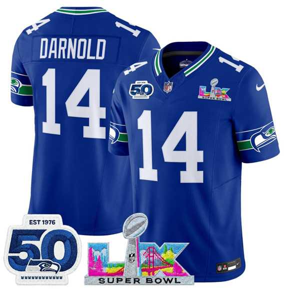 Men%27s Seattle Seahawks #14 Sam Darnold Royal 2025 F.U.S.E. Super Bowl LX Patch And 50th Season Patch Vapor Throwback Limited Stitched Jersey