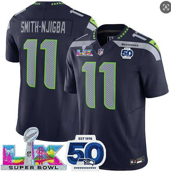Men%27s Seattle Seahawks #11 Jaxon Smith-Njigba Navy 2025 F.U.S.E. Super Bowl LX Patch And 50th Season Patch Vapor Limited Stitched Jersey