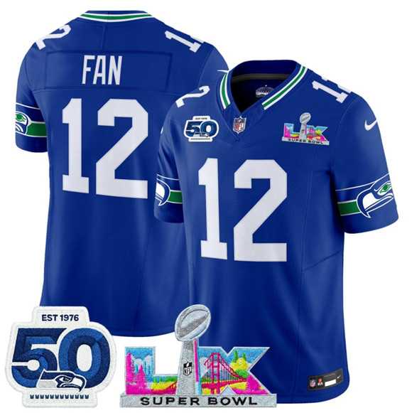 Men%27s Seattle Seahawks #12 Fan Royal 2025 F.U.S.E. Super Bowl LX Patch And 50th Season Patch Vapor Throwback Limited Stitched Jersey