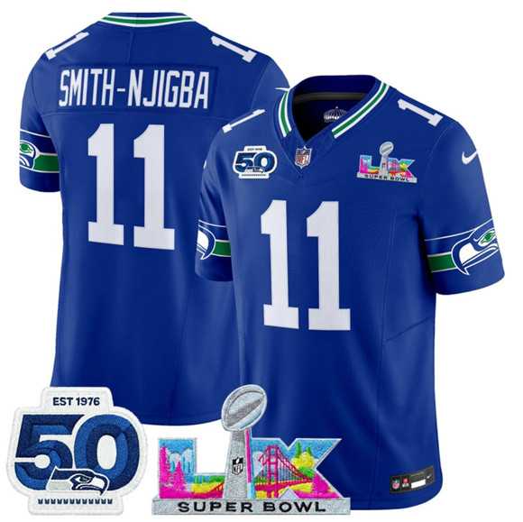 Men%27s Seattle Seahawks #11 Jaxon Smith-Njigba Royal 2025 F.U.S.E. Super Bowl LX Patch And 50th Season Patch Vapor Throwback Limited Stitched Jersey