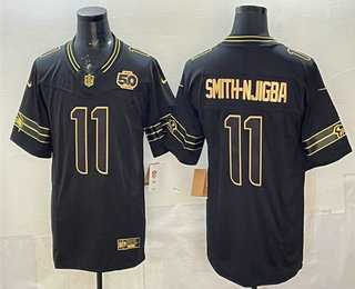 Men%27s Seattle Seahawks #11 Jaxon Smith-Njigba Black Gold 2025 FUSE 50th Season Patch Limited Stitched Jersey