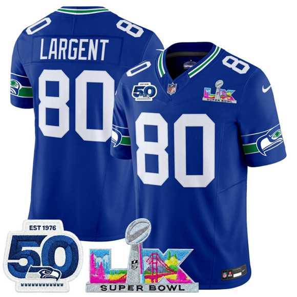 Men%27s Seattle Seahawks #80 Steve Largent Royal 2025 F.U.S.E. Super Bowl LX Patch And 50th Season Patch Vapor Throwback Limited Stitched Jersey