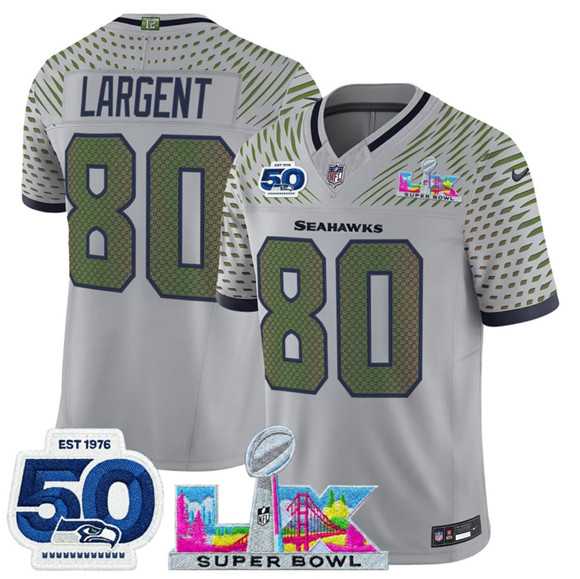 Men%27s Seattle Seahawks #80 Steve Largent Gray 2025 F.U.S.E. Super Bowl LX Patch And 50th Season Patch %27Rivalries%27 Vapor Limited Stitched Jersey