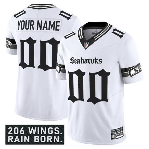 Men%27s Seattle Seahawks Active Player Custom White 2025 F.U.S.E. %27Gothic Rain City Shadows Edition%27 Vapor Limited Stitched Jersey