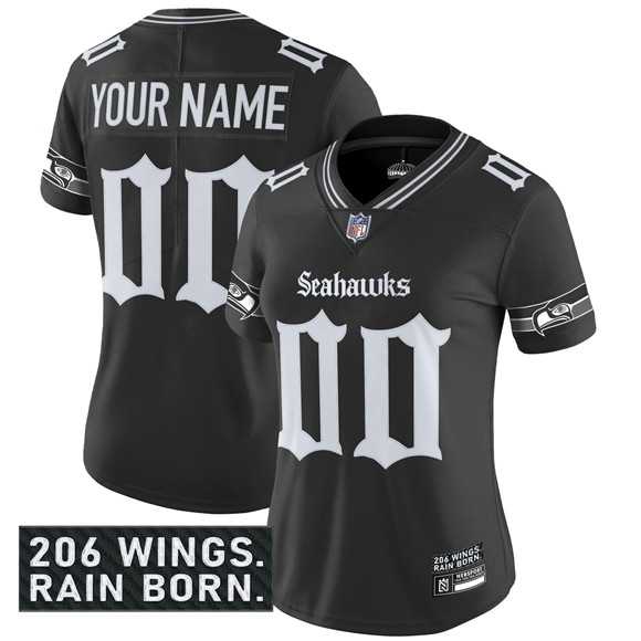 Women%27s Seattle Seahawks Active Player Custom Black 2025 F.U.S.E. %27Gothic Rain City Shadows Edition%27 Vapor Untouchable Limited Football Stitched Jersey
