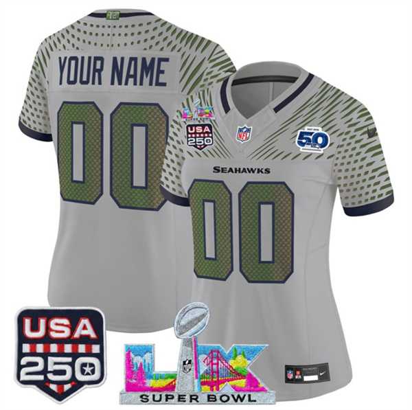 Women%27s Seattle Seahawks Active Player Custom Gray 2025 F.U.S.E. Super Bowl LX & US 250th anniversary Patch And 50th Season Patch Rivalries Vapor Limited Stitched Jersey