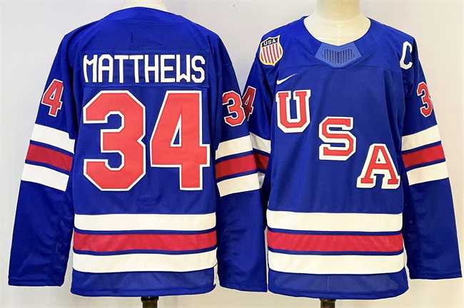 Men%27s USA #34 Auston Matthews Royal 2025-2026 With C Patch Stitched Jersey
