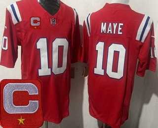Men%27s New England Patriots #10 Drake Maye Limited Red Captain Patch FUSE Vapor Stitched Jersey