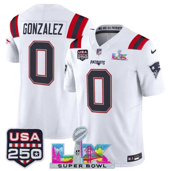 Men%27s New England Patriots #0 Christian Gonzalez White 2025 F.U.S.E. Super Bowl LX Patch And USA 250%27 Patch Vapor Limited Stitched Jersey