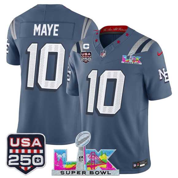 Men%27s New England Patriots #10 Drake Maye Storm Blue 2025 F.U.S.E. 1-Star C Patch And Super Bowl LX Patch & USA 250%27 Patch %27Rivalries%27 Vapor Limited Stitched Jersey