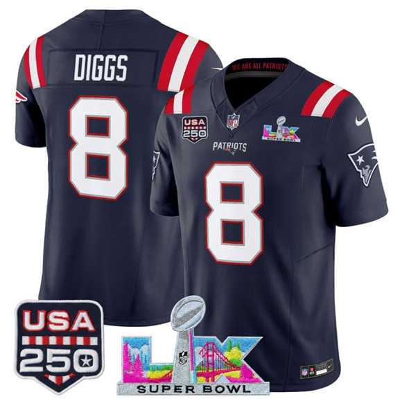 Men%27s New England Patriots #8 Stefon Diggs Navy 2025 F.U.S.E. Super Bowl LX Patch And USA 250%27 Patch Vapor Limited Stitched Jersey