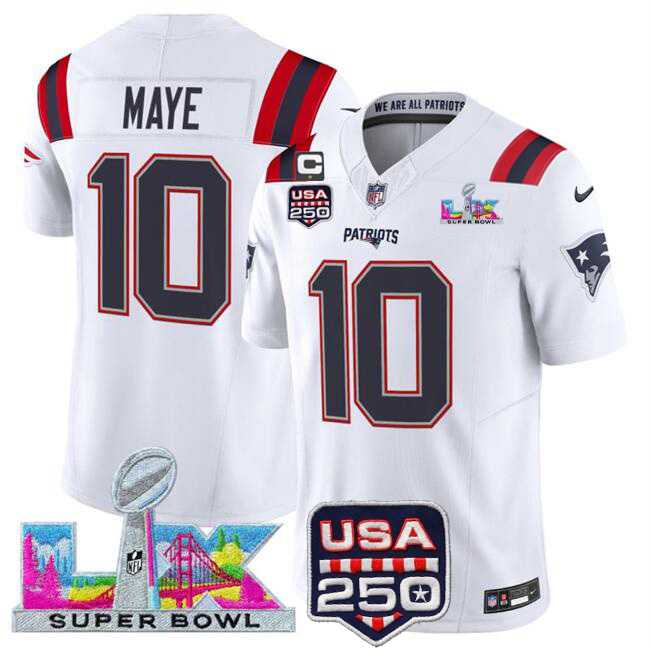 Men%27s New England Patriots #10 Drake Maye White 2025 F.U.S.E. Super Bowl LX Patch USA 250%27 Patch Vapor Limited Stitched Jersey