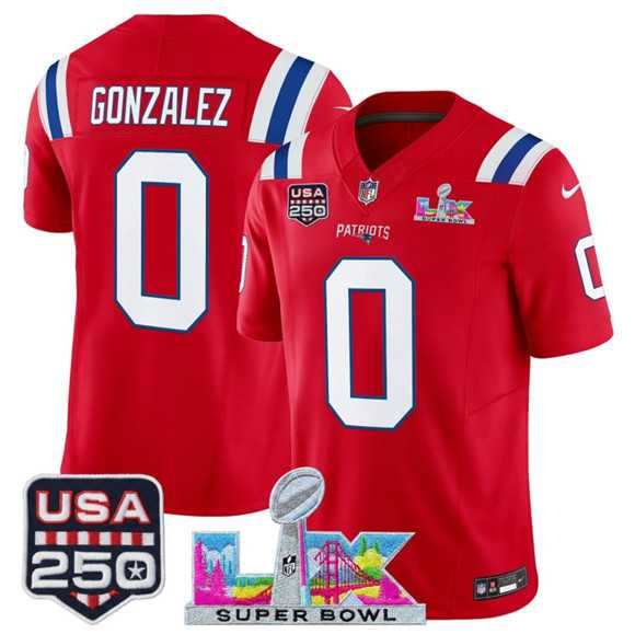 Men%27s New England Patriots #0 Christian Gonzalez Red 2025 F.U.S.E. Super Bowl LX Patch And USA 250%27 Patch Vapor Limited Stitched Jersey