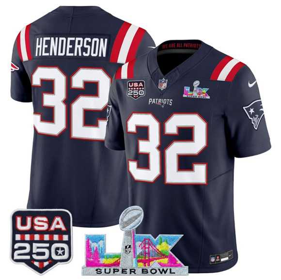 Men%27s New England Patriots #32 TreVeyon Henderson Navy 2025 F.U.S.E. Super Bowl LX Patch And USA 250%27 Patch Vapor Limited Stitched Jersey