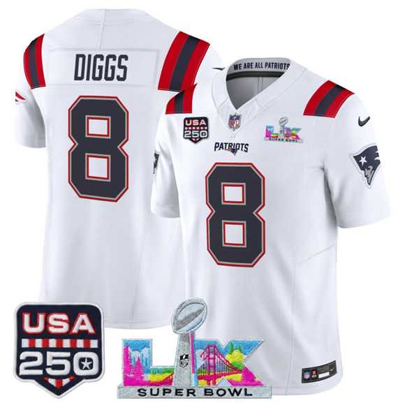 Men%27s New England Patriots #8 Stefon Diggs White 2025 F.U.S.E. Super Bowl LX Patch And USA 250%27 Patch Vapor Limited Stitched Jersey