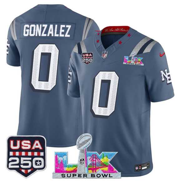 Men%27s New England Patriots #0 Christian Gonzalez Storm Blue 2025 F.U.S.E. Super Bowl LX & USA 250%27 Patch %27Rivalries%27 Vapor Limited Stitched Jersey