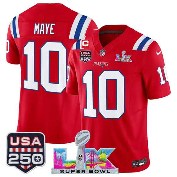 Men%27s New England Patriots #10 Drake Maye Red 2025 F.U.S.E. 1-Star C Patch And Super Bowl LX Patch & USA 250%27 Patch Vapor Limited Stitched Jersey