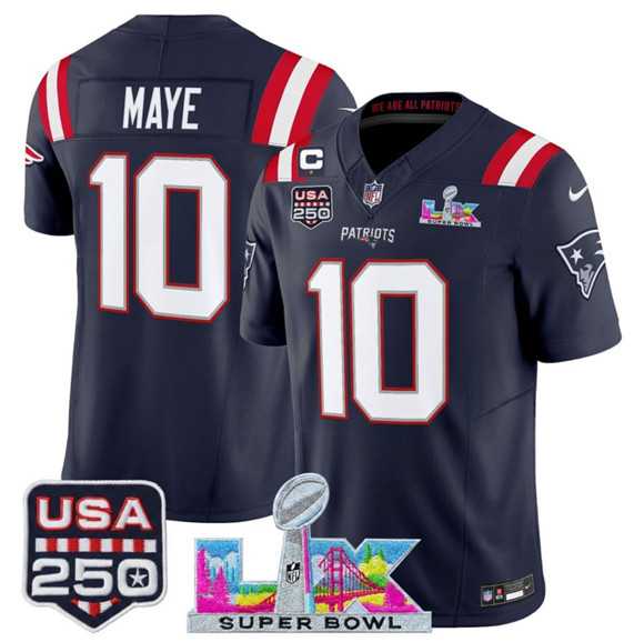 Men%27s New England Patriots #10 Drake Maye Navy 2025 F.U.S.E. 1-Star C Patch And Super Bowl LX Patch & USA 250%27 Patch Vapor Limited Stitched Jersey