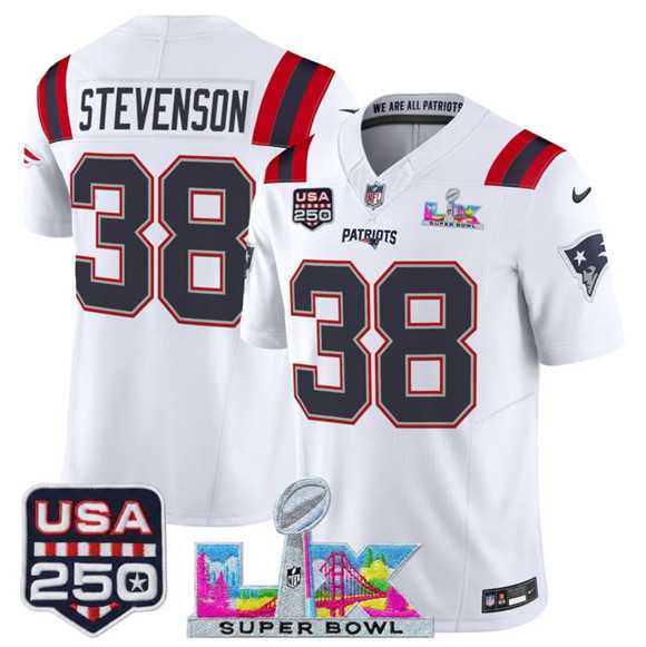 Men%27s New England Patriots #38 Rhamondre Stevenson White 2025 F.U.S.E. Super Bowl LX Patch And USA 250%27 Patch Vapor Limited Stitched Jersey
