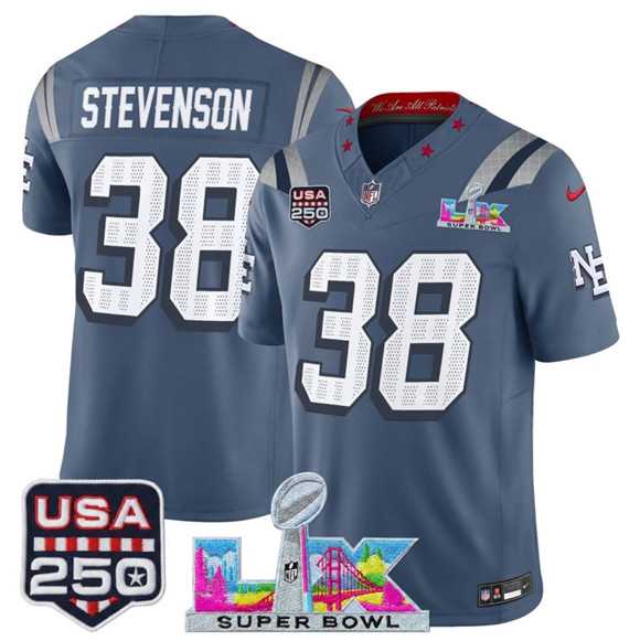 Men%27s New England Patriots #38 Rhamondre Stevenson Storm Blue 2025 F.U.S.E. Super Bowl LX & USA 250%27 Patch %27Rivalries%27 Vapor Limited Stitched Jersey