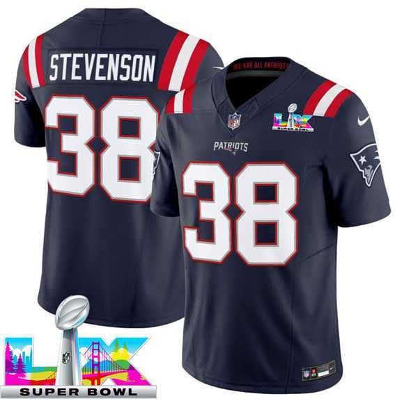 Men%27s New England Patriots #38 Rhamondre Stevenson Navy 2025 F.U.S.E. Super Bowl LX Patch Vapor Limited Stitched Jersey