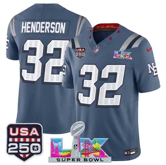 Men%27s New England Patriots #32 TreVeyon Henderson Storm Blue 2025 F.U.S.E. Super Bowl LX & USA 250%27 Patch %27Rivalries%27 Vapor Limited Stitched Jersey