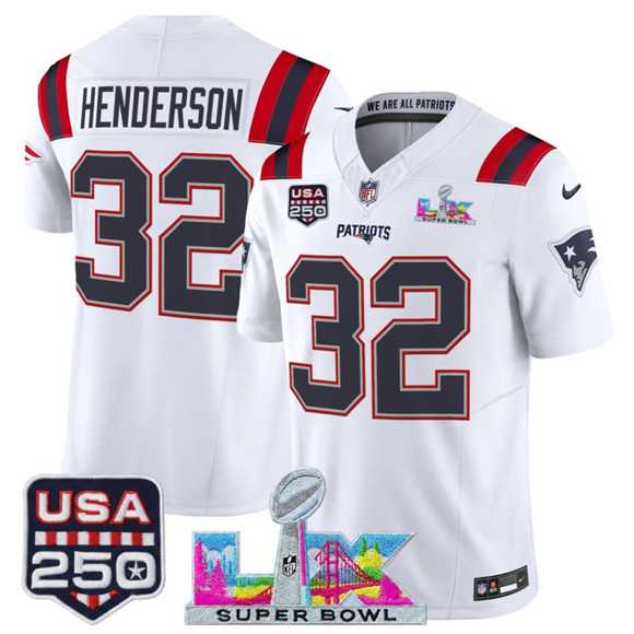 Men%27s New England Patriots #32 TreVeyon Henderson White 2025 F.U.S.E. Super Bowl LX Patch And USA 250%27 Patch Vapor Limited Stitched Jersey