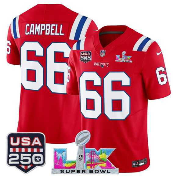 Men%27s New England Patriots #66 Will Campbell Red 2025 F.U.S.E. Super Bowl LX Patch And USA 250%27 Patch Vapor Limited Stitched Jersey