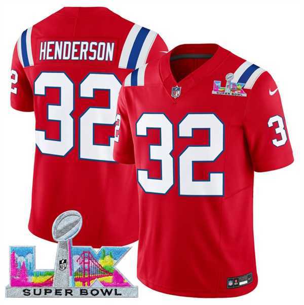 Men%27s New England Patriots #32 TreVeyon Henderson Red 2025 F.U.S.E. Super Bowl LX Patch Vapor Limited Stitched Jersey